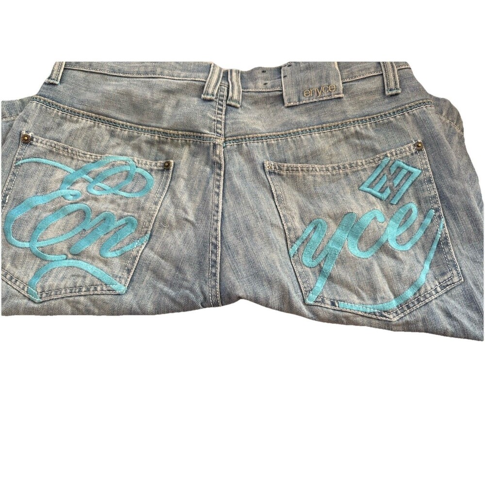 Vintage Y2K Enyce Logo Embroidered Baggy Jean Shorts SZ 34 Blue Embroidery